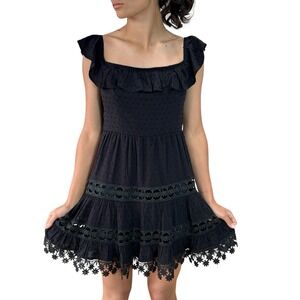 Fairy Boho Lace Mini Dress XS Cottage Festival Swiss Dot Dark Romantic Black NEW